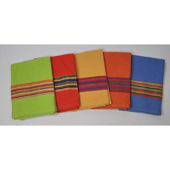 Set Of 5 Crate and Barrel Picante Pattern Dish Towels Kitchen Orange Red NEW - Picture 2 of 9